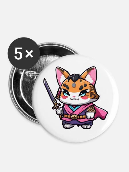 Samurai-Katze #18 - Buttons groß 56 mm (5er Pack) - Weiß