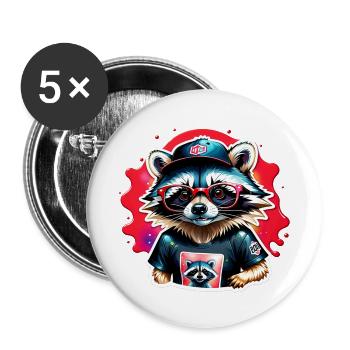 raton laveur cool avec casquette et lunettes - Lot de 5 grands badges (56 mm) - blanc - Devant