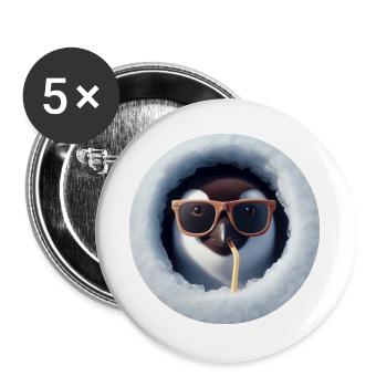 Pinguin mit Sonnenbrille und Strohhalm durch Eis - Buttons groß 56 mm (5er Pack) - Weiß - Vorne