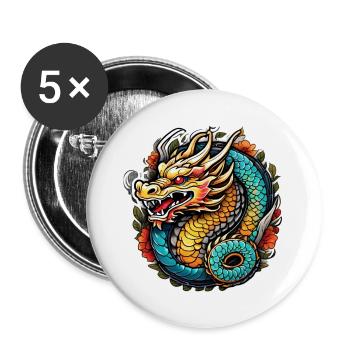 Asiatischer Drache - Japan - Chinesisch - Buttons groß 56 mm (5er Pack) - Weiß - Vorne