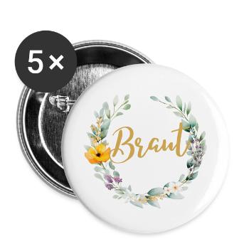 TEAM BRAUT! Blumenkranz, Pastel Personalisierbar - Buttons groß 56 mm (5er Pack) - Weiß - Vorne