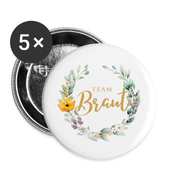 TEAM BRAUT! Blumenkranz, Pastel Personalisierbar - Buttons groß 56 mm (5er Pack) - Weiß - Vorne