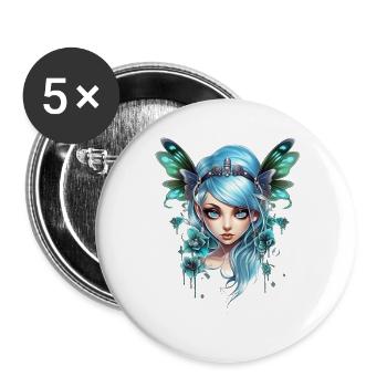 Fée Papillon aux cheveux bleus – Fantaisie - Lot de 5 grands badges (56 mm) - blanc - Devant