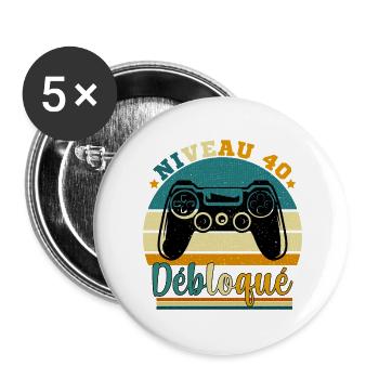 Niveau 40 Débloqué - Gamer Anniversaire 40 ans - Lot de 5 grands badges (56 mm) - blanc - Devant