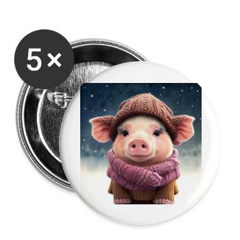 Süßes Ferkel mit Most und Schal im Schnee - Buttons groß 56 mm (5er Pack) - Weiß - Vorne