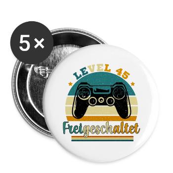 Level 45 Freigeschaltete Geschenkidee 45 Jahre - Buttons groß 56 mm (5er Pack) - Weiß - Vorne