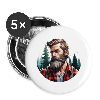 Holzfäller / Mann / Bart / Wald / Hemd / Baum - Buttons groß 56 mm (5er Pack) - Weiß - Vorne