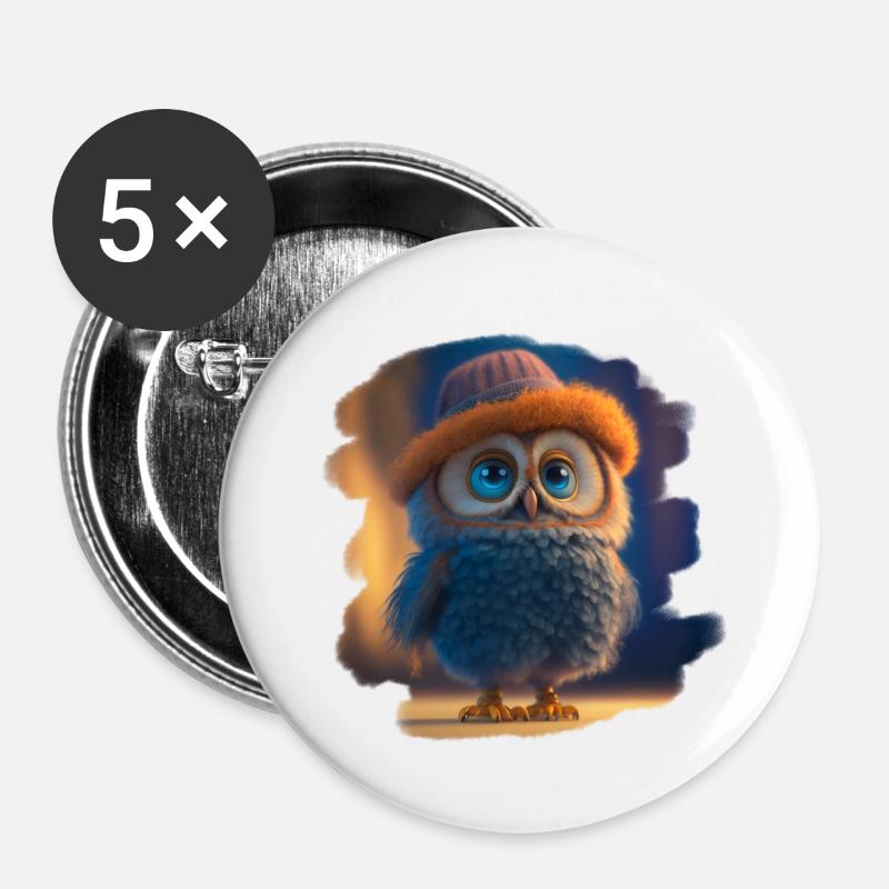 Owl with Stylish Hat - Buttons large 2.2''/56 mm (5-pack) - white