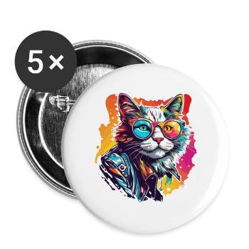 Cool Cat / Funny / Animal / Pet / Crazy - Buttons large 2.2''/56 mm (5-pack) - white - Front