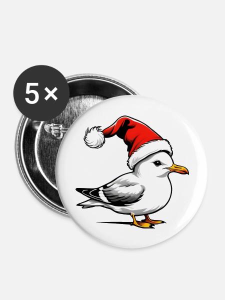 Weihnachts-Möwe mit Mütze - Buttons groß 56 mm (5er Pack) - Weiß