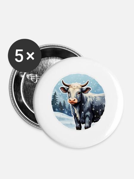 Rind auf winterlicher Alm - Buttons groß 56 mm (5er Pack) - Weiß
