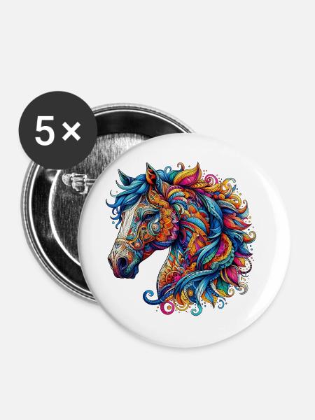 Pferd mit Mandalas verziert - Buttons groß 56 mm (5er Pack) - Weiß