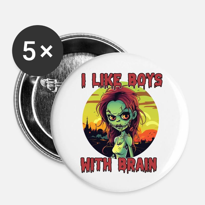 Zombie - I LIKE BOYS WITH BRAIN - Buttons large 2.2''/56 mm (5-pack) - white