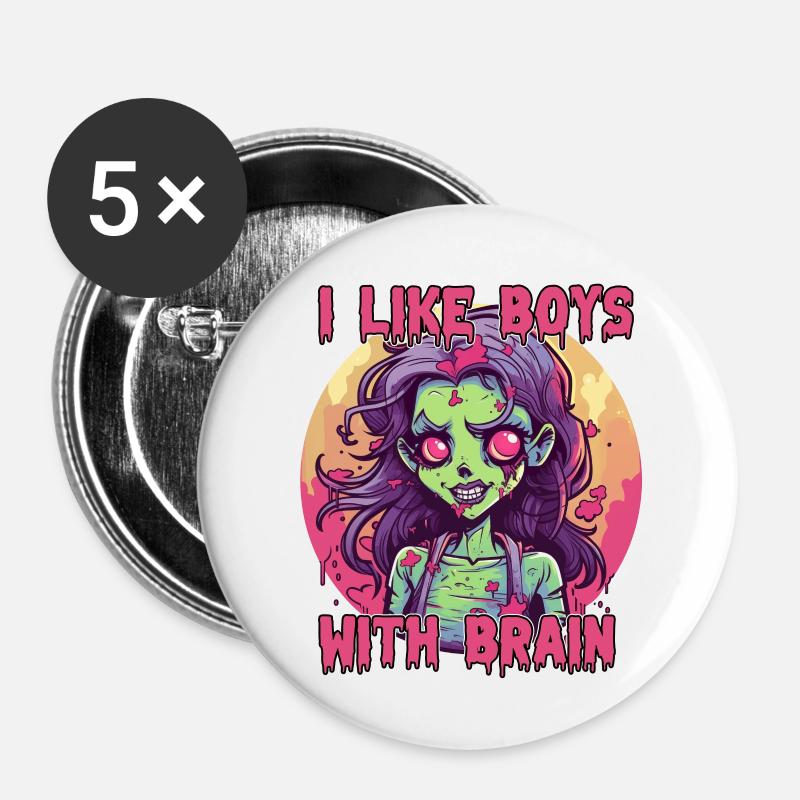 Zombie - I LIKE BOYS WITH BRAIN - Buttons large 2.2''/56 mm (5-pack) - white