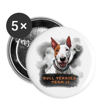 Bullterrier Team Nummer 1 Champion Sieger Anführer - Buttons groß 56 mm (5er Pack) - Weiß - Vorne