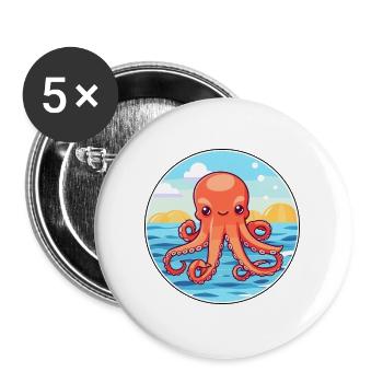 Octopus Watercolor Cartoon Kawaii Clipart Animal - Buttons large 2.2''/56 mm (5-pack) - white - Front