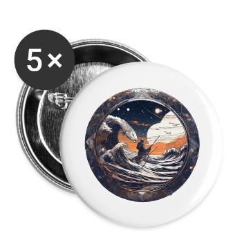 Pike,Fish,Angler,Anime,Sea,Waves,Stars - Buttons large 2.2''/56 mm (5-pack) - white - Front