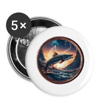 Poisson, vague, or, mer, lever du soleil, bleu - Lot de 5 grands badges (56 mm) - blanc - Devant