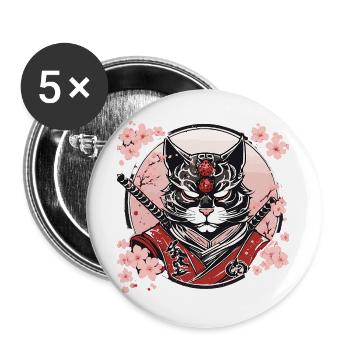 Démoniaque Kawaii Neko Samurai : chat samouraï - Lot de 5 grands badges (56 mm) - blanc - Devant