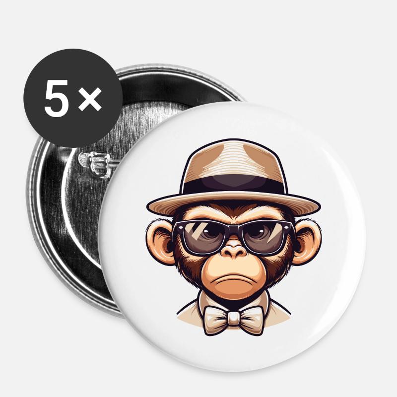 Playful Monkey with Glasses: Cartoon Character - Buttons large 2.2''/56 mm (5-pack) - white