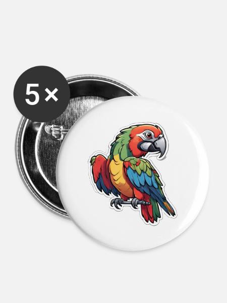 Bunter Ara Papagei" - Buttons groß 56 mm (5er Pack) - Weiß