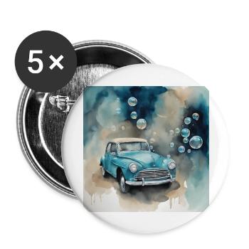 hellblaues Auto mit Seifenblasen im Hintergrund - Buttons groß 56 mm (5er Pack) - Weiß - Vorne