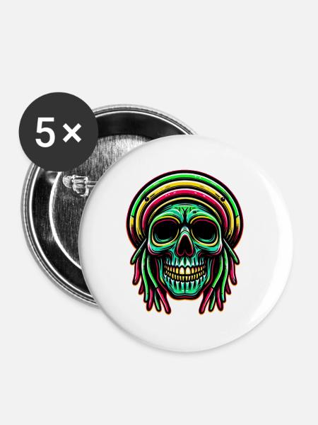 Reggae-Schädel Dekofigur Rasta-Kultur - Buttons groß 56 mm (5er Pack) - Weiß