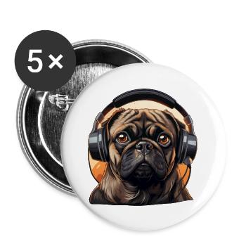 Pug with headphones - Buttons large 2.2''/56 mm (5-pack) - white - Front