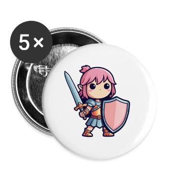 Mignonne guerrière cheveux roses épée et bouclier - Lot de 5 grands badges (56 mm) - blanc - Devant