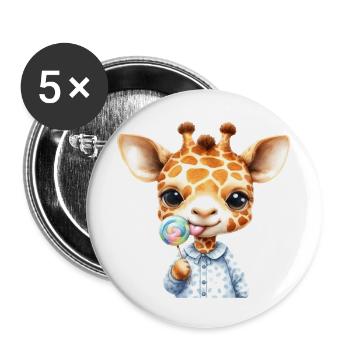 Giraffen Kind mit Lolli - Buttons groß 56 mm (5er Pack) - Weiß - Vorne