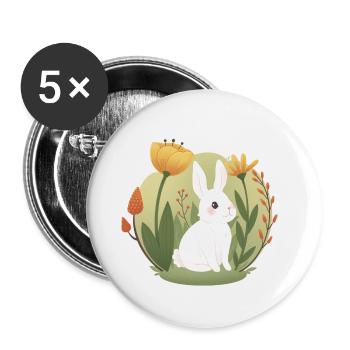 Garten-Hase mit Tulpe und anderen Blumen - Buttons groß 56 mm (5er Pack) - Weiß - Vorne