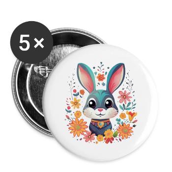 Hase umhüllt von wunderschönen Blumen, süß - Buttons groß 56 mm (5er Pack) - Weiß - Vorne