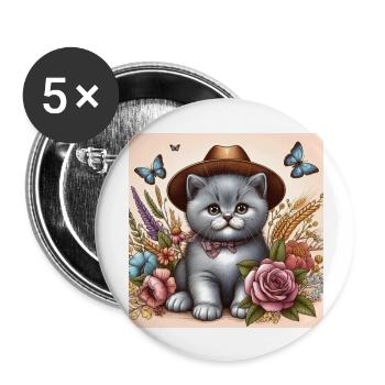 Cowboy Katze Britisch Kurzhaar - Buttons groß 56 mm (5er Pack) - Weiß - Vorne