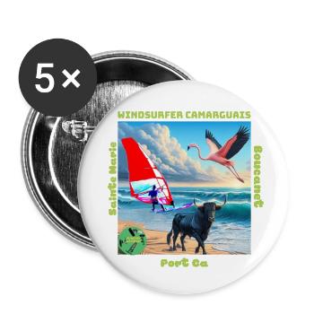 Planchou Waterman Windsurfer camarguais spots - Lot de 5 grands badges (56 mm) - blanc - Devant