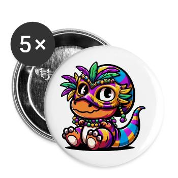 Mardi Gras Dino T-Rex: Carnival Mask and Beads - Buttons large 2.2''/56 mm (5-pack) - white - Front