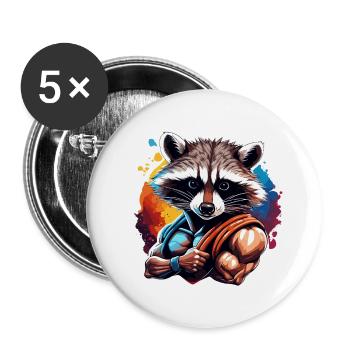 Bodybuilder / Sports / Fitness / Raccoon / Muscles - Buttons large 2.2''/56 mm (5-pack) - white - Front
