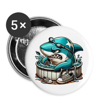 Requin cool dans un baril de natation - Lot de 5 grands badges (56 mm) - blanc - Devant