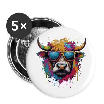 Lustige bunte Kuh mit Sonnenbrille - Buttons groß 56 mm (5er Pack) - Weiß - Vorne
