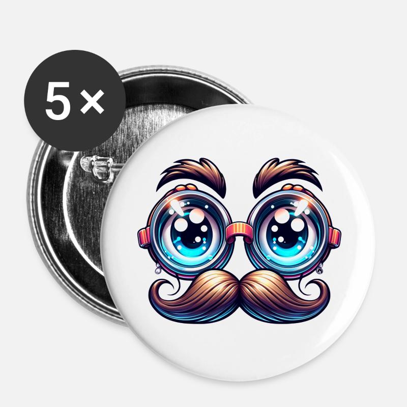 Lustige Brille und Schnurrbart-Illustration - Buttons groß 56 mm (5er Pack) - Weiß