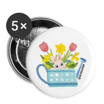 Osterhase in blaue Giesskanne mit Blumen - Buttons groß 56 mm (5er Pack) - Weiß - Vorne