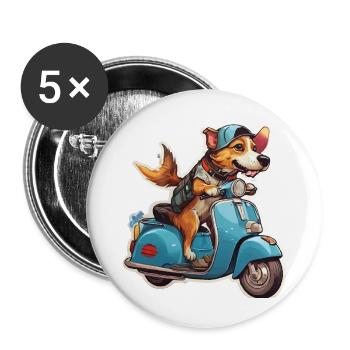 Chien sur une trottinette - Lot de 5 grands badges (56 mm) - blanc - Devant