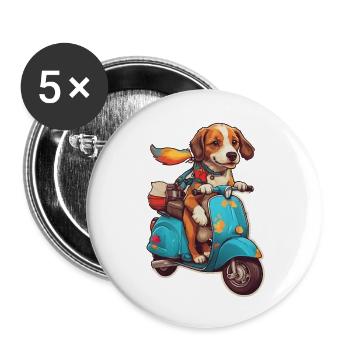 Chien sur une trottinette - Lot de 5 grands badges (56 mm) - blanc - Devant