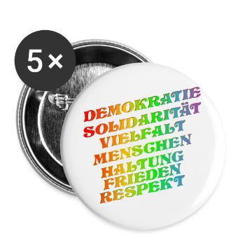 DEMOKRATIE SOLIDARITÄT VIELFALT - Buttons groß 56 mm (5er Pack) - Weiß - Vorne