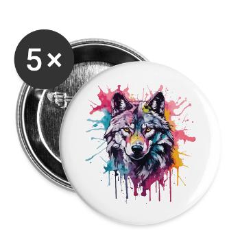 Cooler bunter Wolf in Aquarellfarben. Illustration - Buttons groß 56 mm (5er Pack) - Weiß - Vorne