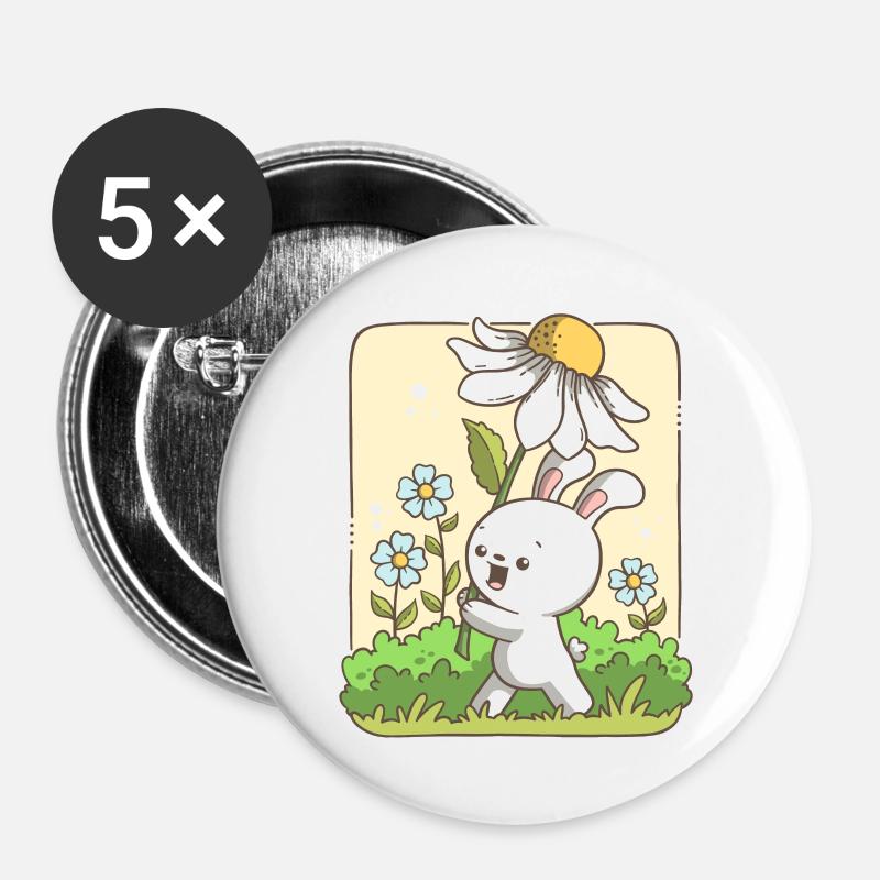 Niedlicher Hase trägt eine Blume - Buttons groß 56 mm (5er Pack) - Weiß