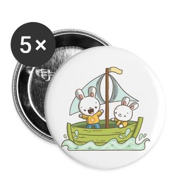 Zwei Hasen auf einem Boot - Buttons groß 56 mm (5er Pack) - Weiß - Vorne