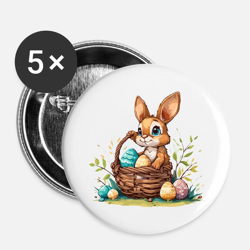 Bunny with an Easter basket filled with eggs - Buttons large 2.2''/56 mm (5-pack) - white