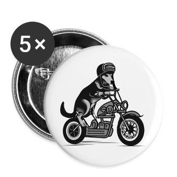 Hund fährt Motorrad | Dog rides a motorcycle - Buttons groß 56 mm (5er Pack) - Weiß - Vorne