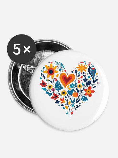 Blühendes Herz - Buttons groß 56 mm (5er Pack) - Weiß