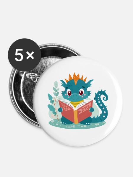 Kleiner Drache mit Buch - Buttons groß 56 mm (5er Pack) - Weiß